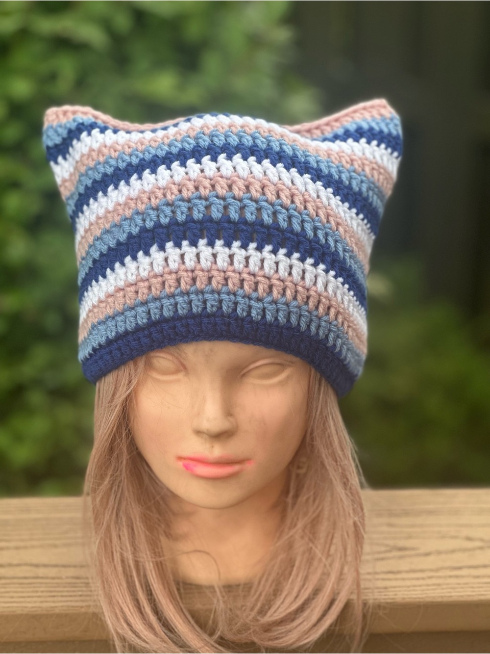 Handmade Striped Cat-Ear crochet Beanie in Navy, Light Blue, White & Pink